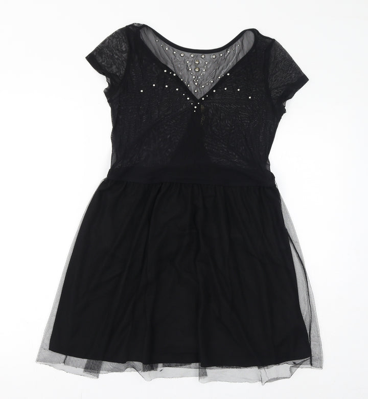 Stradivarius Womens Black Polyester A-Line Size L Round Neck Pullover - Mesh, Metal Embellishments