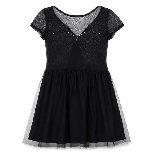 Front view of Stradivarius women’s black polyester a-line, size L, round neck pullover - mesh, metal embellishments