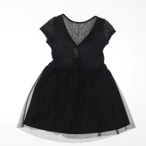 Stradivarius Womens Black Polyester A-Line Size L Round Neck Pullover - Mesh, Metal Embellishments