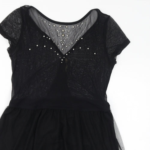 Stradivarius Womens Black Polyester A-Line Size L Round Neck Pullover - Mesh, Metal Embellishments