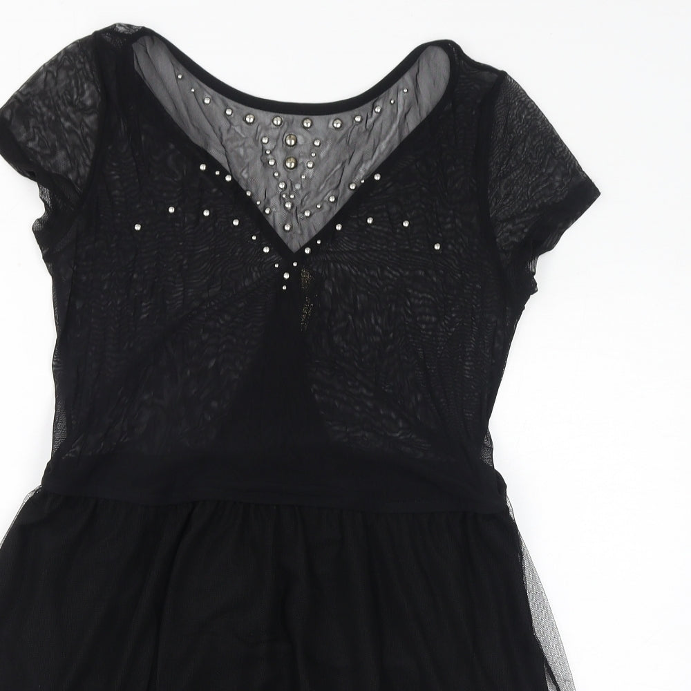 Stradivarius Womens Black Polyester A-Line Size L Round Neck Pullover - Mesh, Metal Embellishments