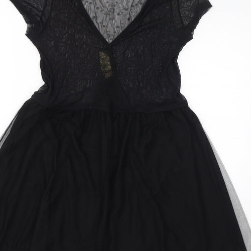 Stradivarius Womens Black Polyester A-Line Size L Round Neck Pullover - Mesh, Metal Embellishments