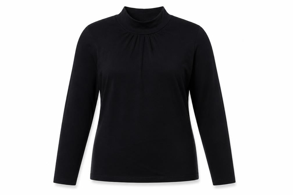 Front view of Monsoon women’s black viscose basic t-shirt, size UK 12, mock neck