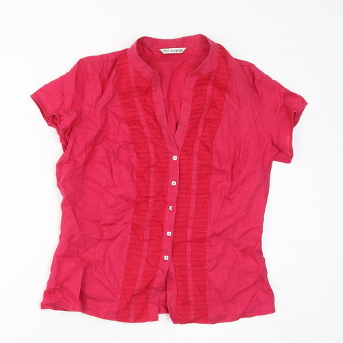 Autograph Womens Pink Linen Basic Button-Up Size 14 V-Neck