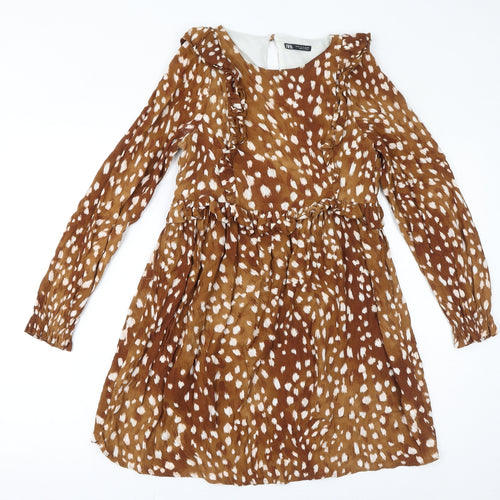 Zara Womens Brown Geometric Viscose A-Line Size M Round Neck Zip