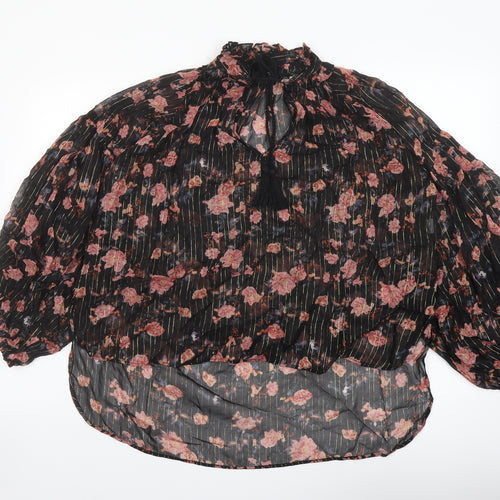 Zara Womens Black Floral Polyester Basic Blouse Size M Mock Neck