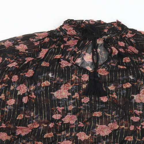 Zara Womens Black Floral Polyester Basic Blouse Size M Mock Neck