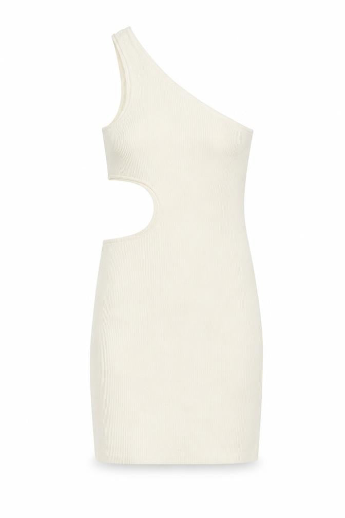 Front view of Stradivarius women’s ivory viscose mini, size M, one shoulder pullover - cut out