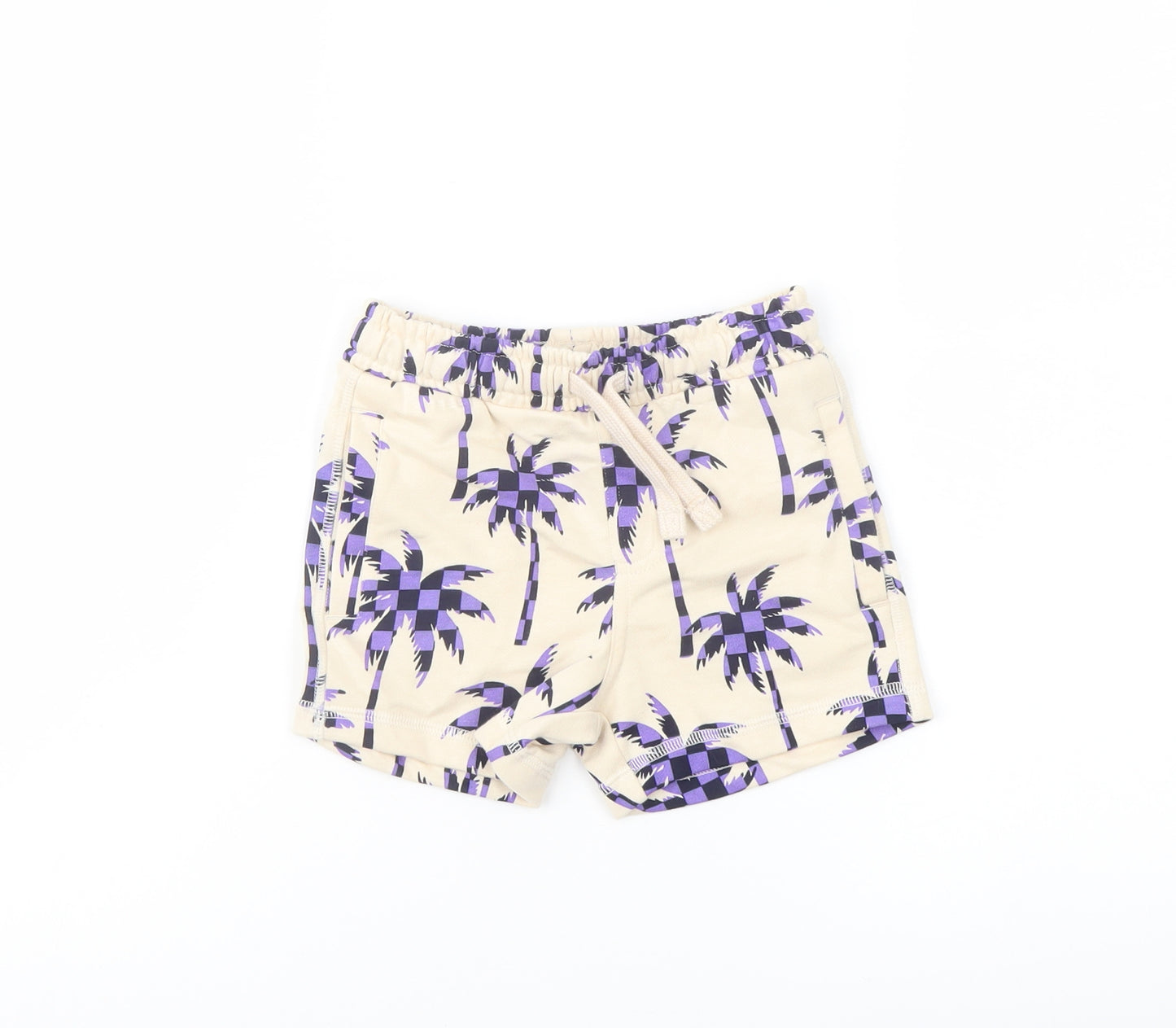 Marks and Spencer Boys Beige Geometric Cotton Sweat Shorts Size 2-3 Years Regular Drawstring - Palm Trees