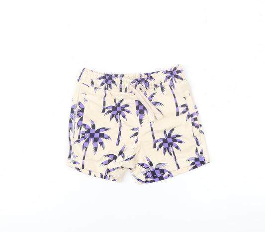 Marks and Spencer Boys Beige Geometric Cotton Sweat Shorts Size 2-3 Years Regular Drawstring - Palm Trees