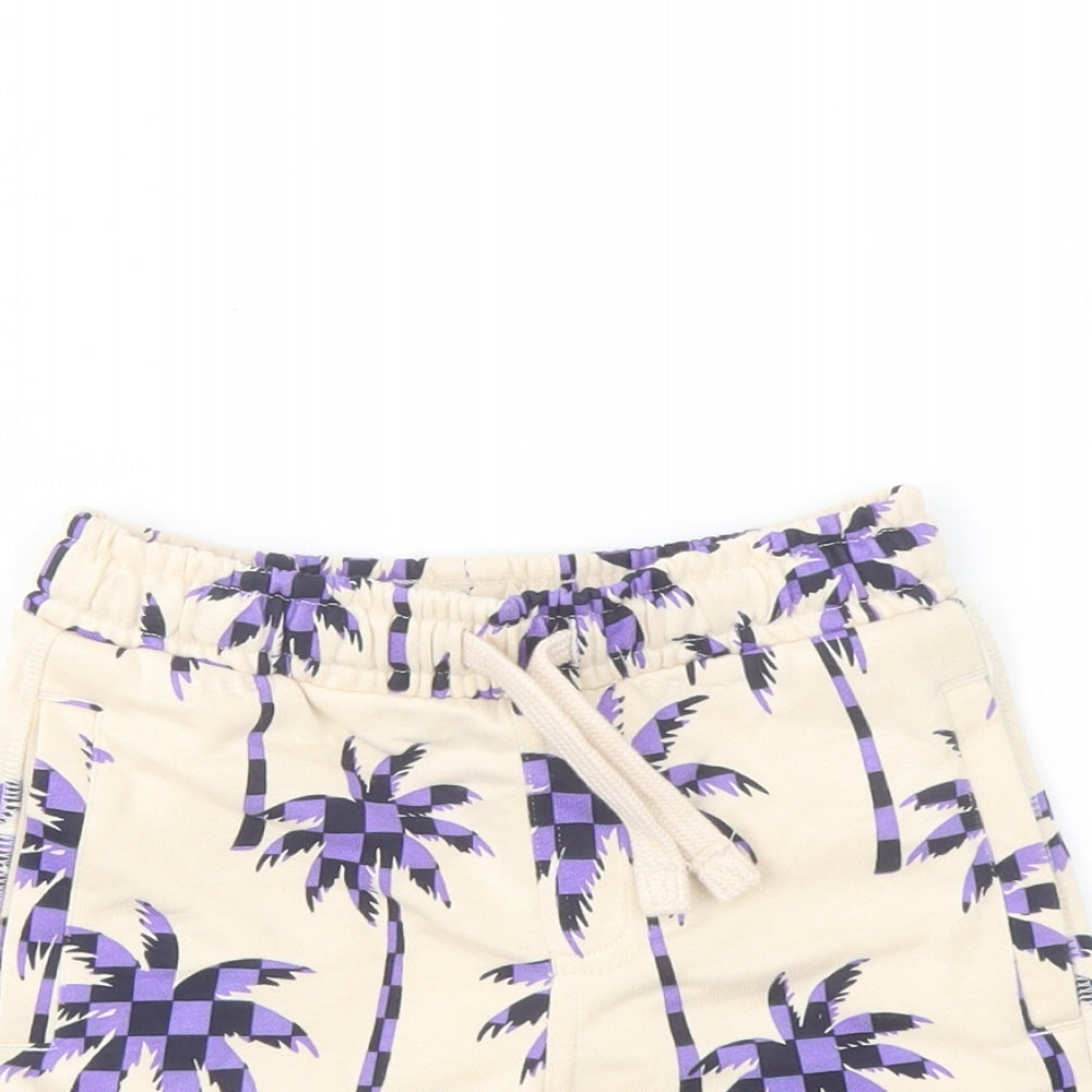 Marks and Spencer Boys Beige Geometric Cotton Sweat Shorts Size 2-3 Years Regular Drawstring - Palm Trees