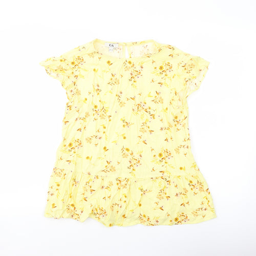 C&A Womens Yellow Floral Cotton Basic Blouse Size 6 Round Neck