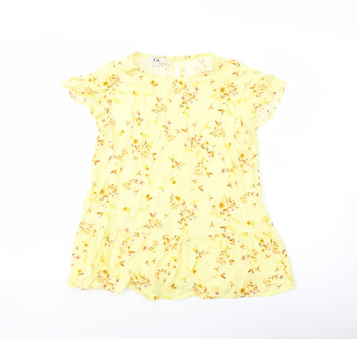 C&A Womens Yellow Floral Cotton Basic Blouse Size 6 Round Neck