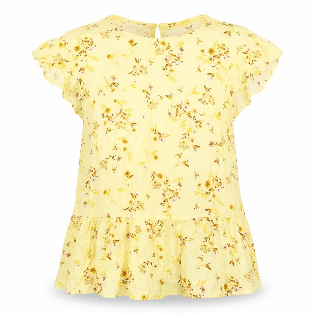 Front view of C&A women’s yellow floral cotton basic blouse, size UK 6, round neck