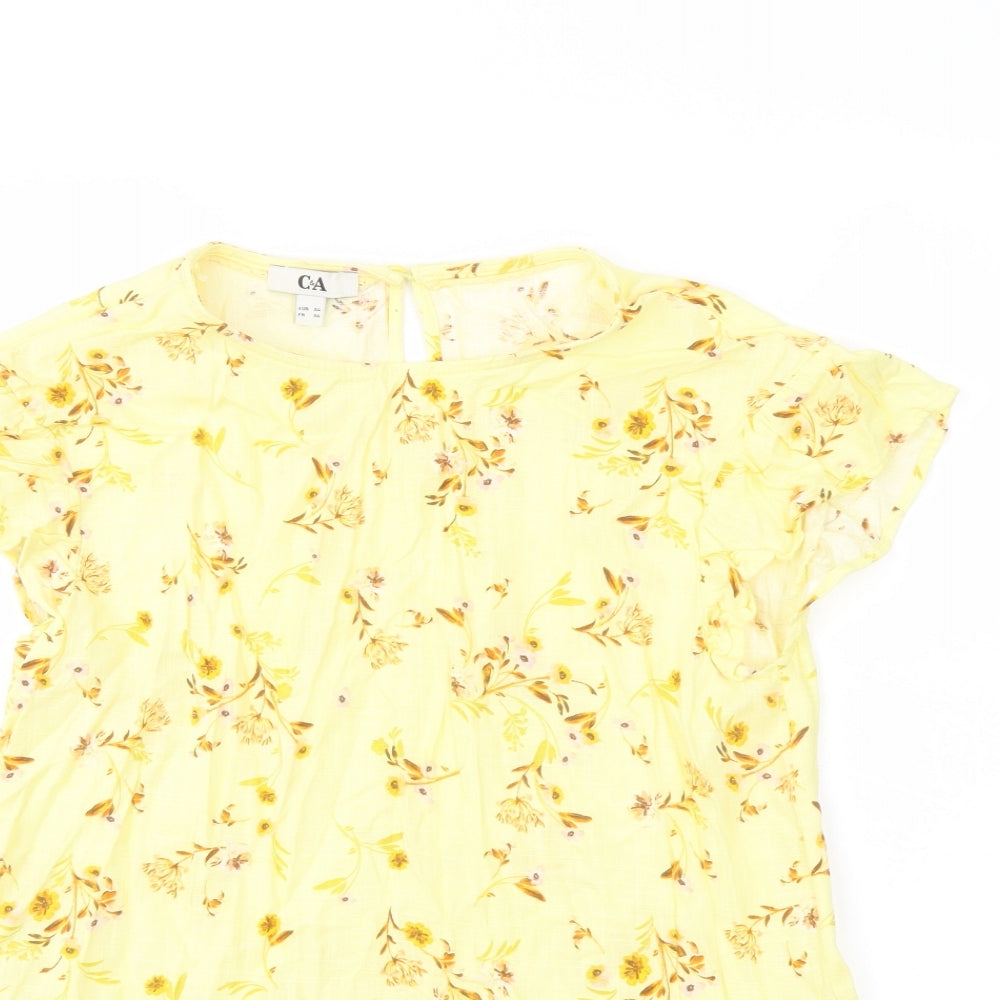 C&A Womens Yellow Floral Cotton Basic Blouse Size 6 Round Neck
