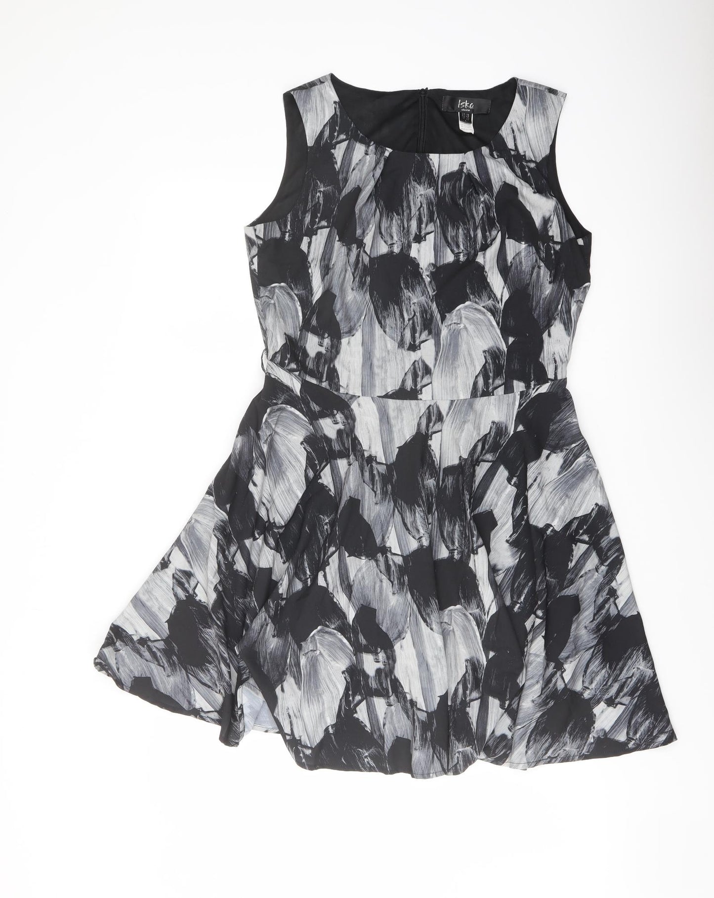 Iska London Womens Black Geometric Polyester A-Line Size 14 Round Neck Zip