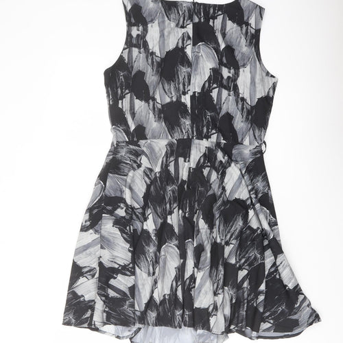 Iska London Womens Black Geometric Polyester A-Line Size 14 Round Neck Zip