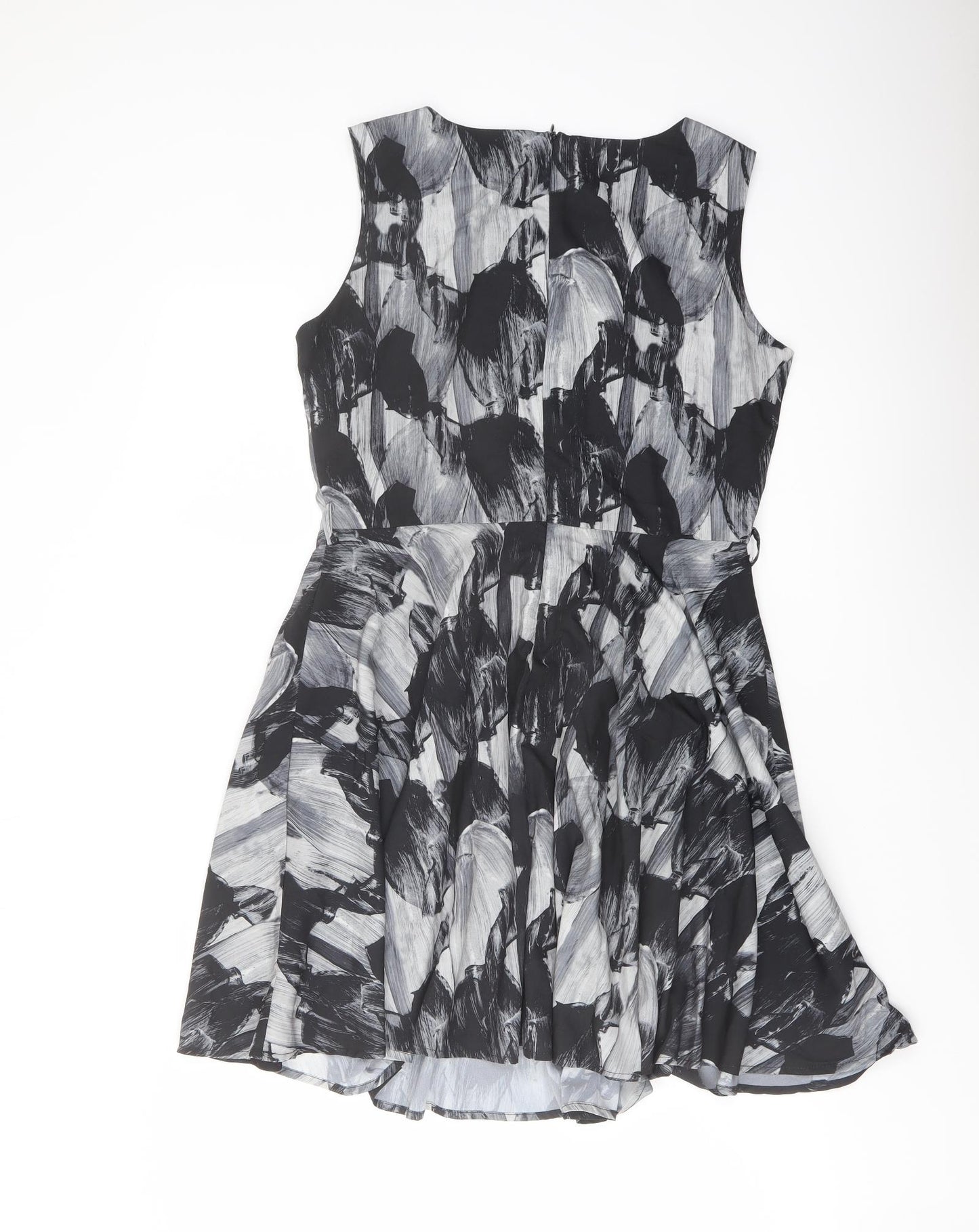 Iska London Womens Black Geometric Polyester A-Line Size 14 Round Neck Zip