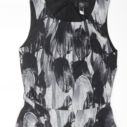 Iska London Womens Black Geometric Polyester A-Line Size 14 Round Neck Zip
