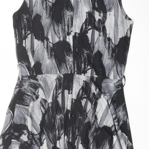 Iska London Womens Black Geometric Polyester A-Line Size 14 Round Neck Zip
