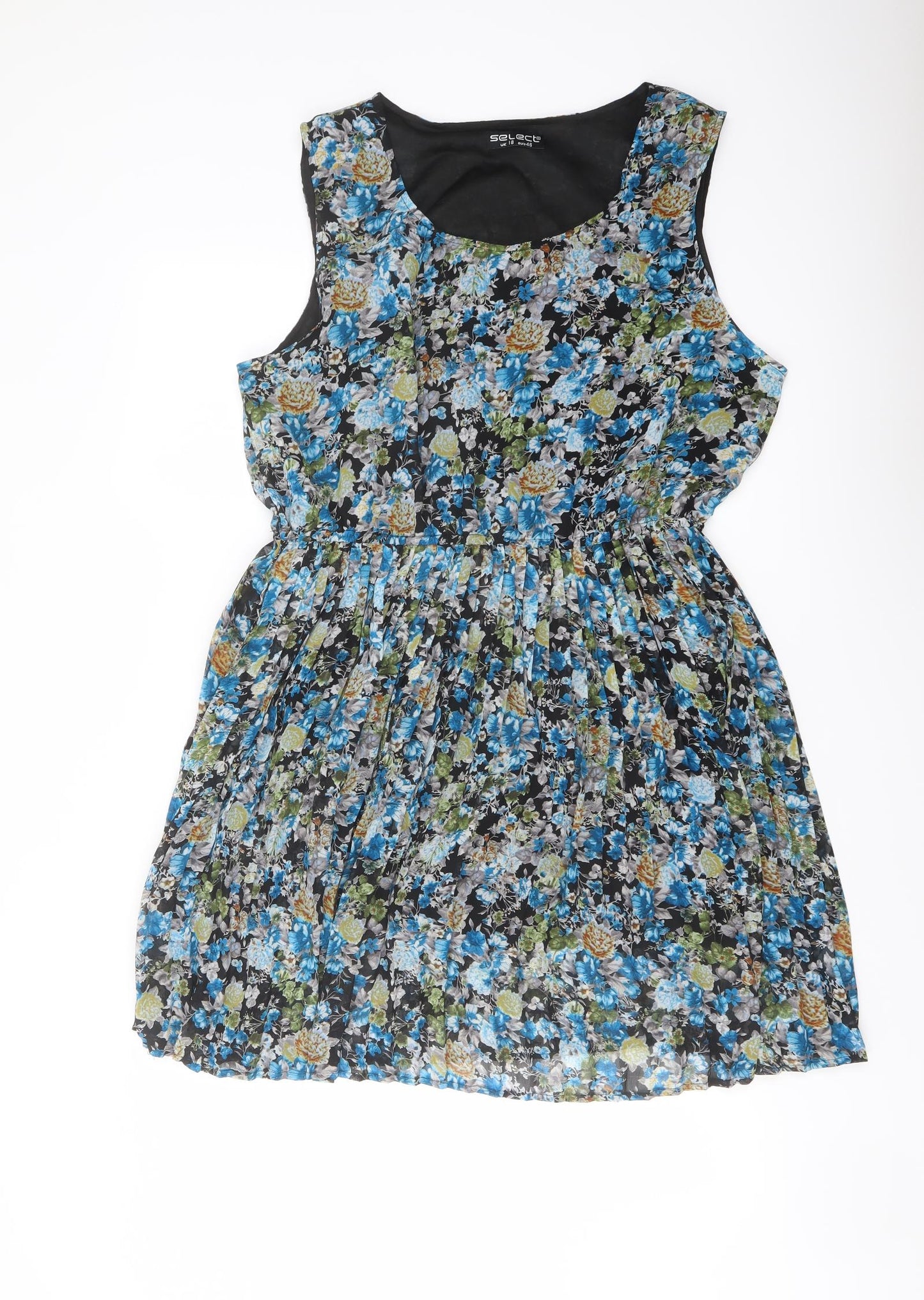 Select Womens Blue Floral Polyester Skater Dress Size 18 Scoop Neck Pullover