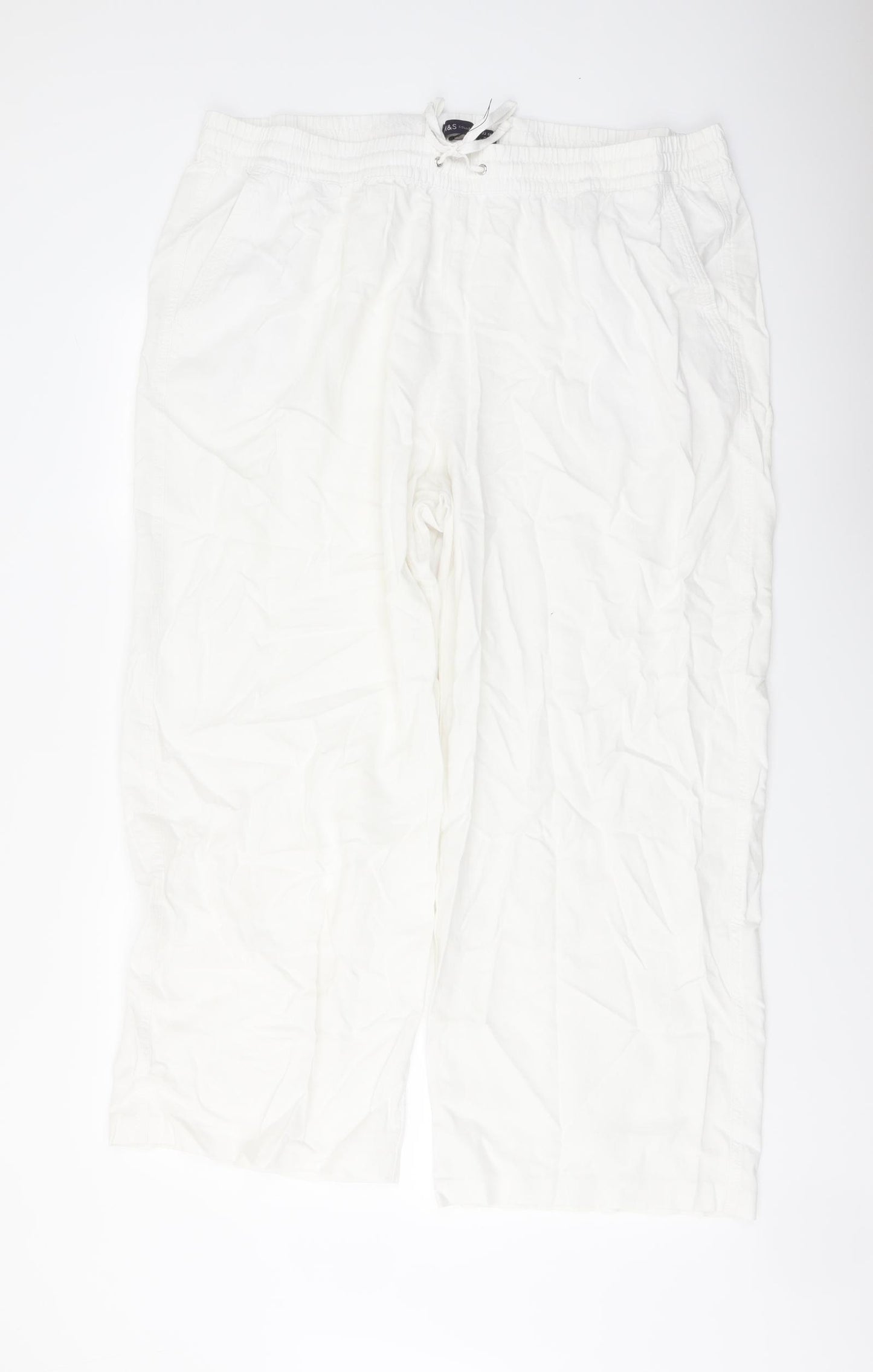 Marks and Spencer Womens White Linen Trousers Size 22 L27 in Regular Drawstring