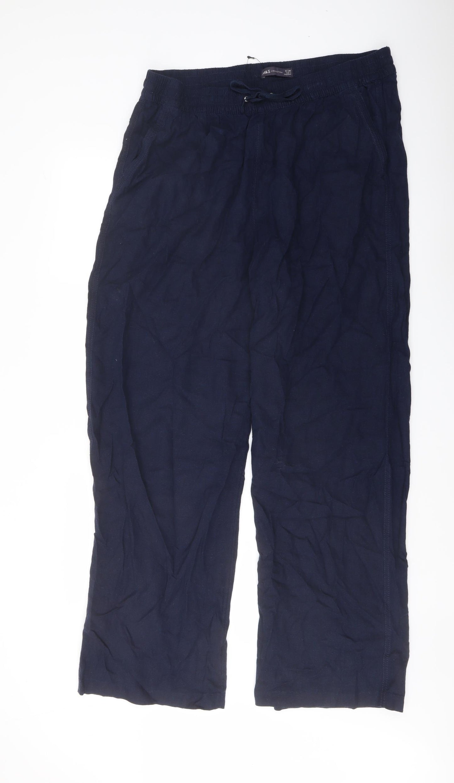 Marks and Spencer Womens Blue Linen Trousers Size 18 L31 in Regular Drawstring