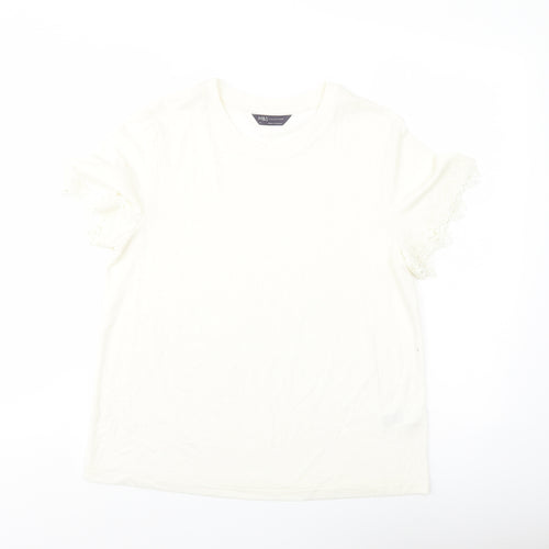 Marks and Spencer Womens Ivory Polyester Basic T-Shirt Size 12 Crew Neck - Crochet Detail