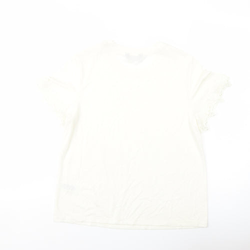 Marks and Spencer Womens Ivory Polyester Basic T-Shirt Size 12 Crew Neck - Crochet Detail