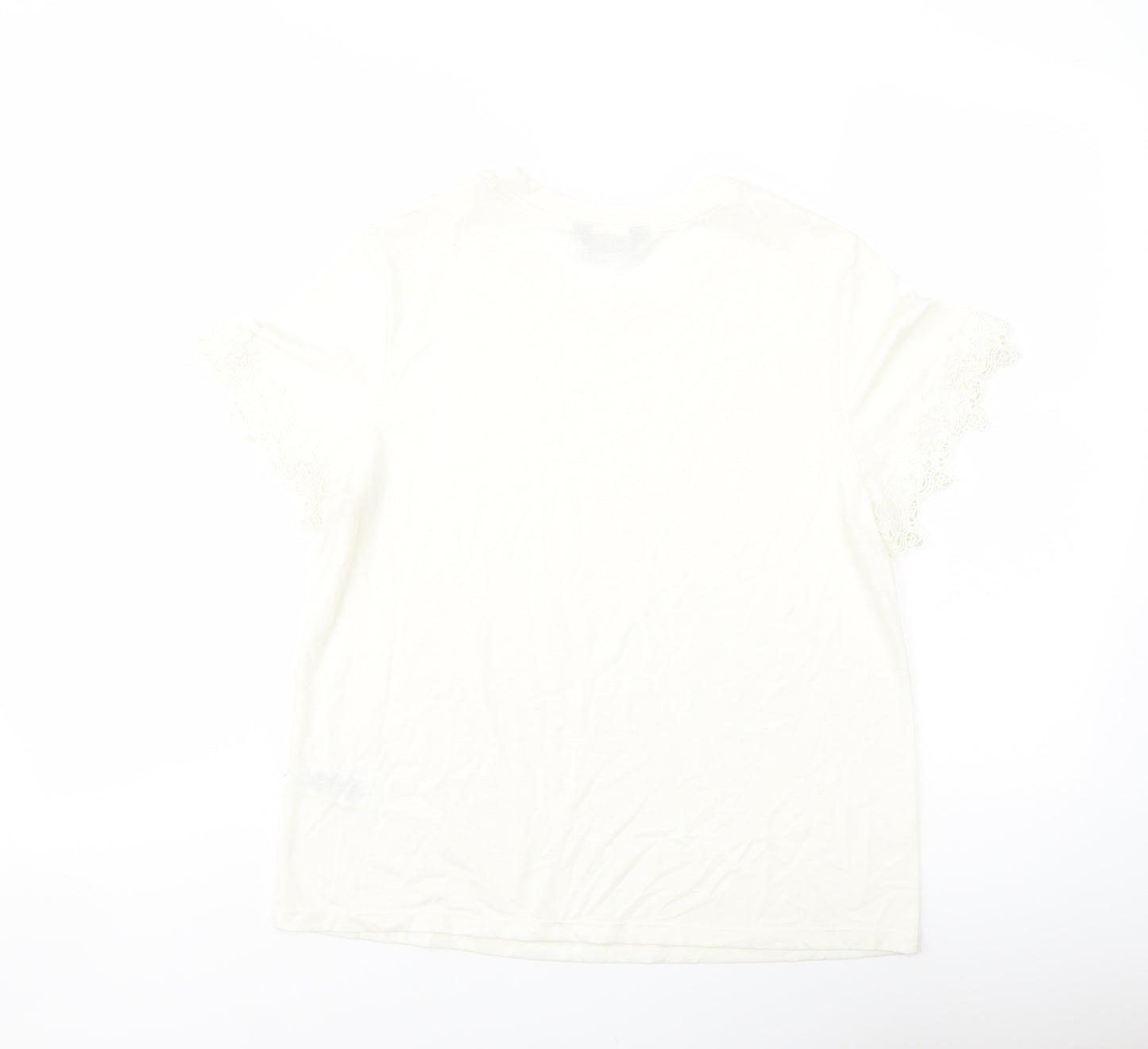Marks and Spencer Womens Ivory Polyester Basic T-Shirt Size 12 Crew Neck - Crochet Detail