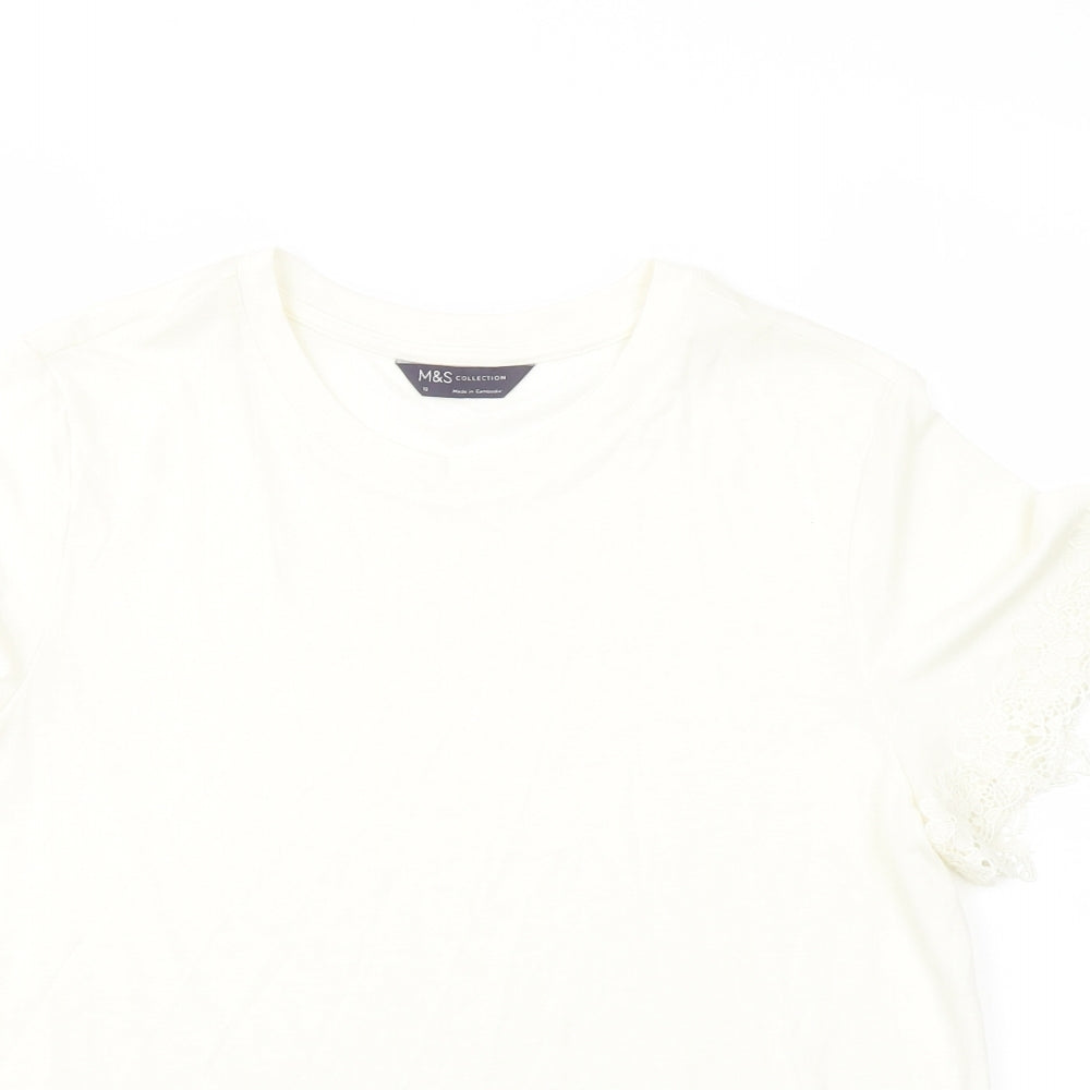 Marks and Spencer Womens Ivory Polyester Basic T-Shirt Size 12 Crew Neck - Crochet Detail
