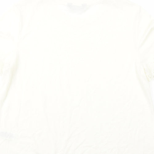 Marks and Spencer Womens Ivory Polyester Basic T-Shirt Size 12 Crew Neck - Crochet Detail