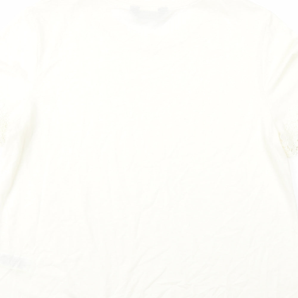 Marks and Spencer Womens Ivory Polyester Basic T-Shirt Size 12 Crew Neck - Crochet Detail