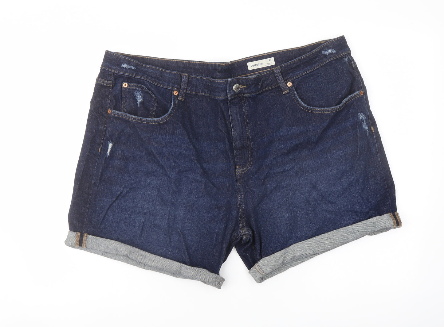 Marks and Spencer Womens Blue Cotton Boyfriend Shorts Size 22 L5 in Regular Button