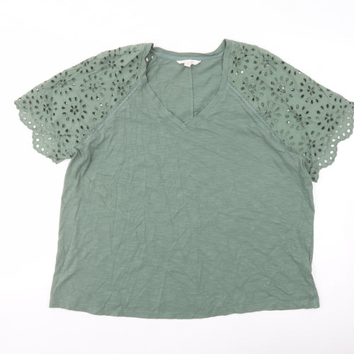 Per Una Womens Green Cotton Basic T-Shirt Size 18 V-Neck - Broderie Anglaise