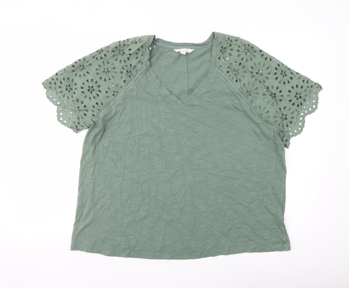 Per Una Womens Green Cotton Basic T-Shirt Size 18 V-Neck - Broderie Anglaise