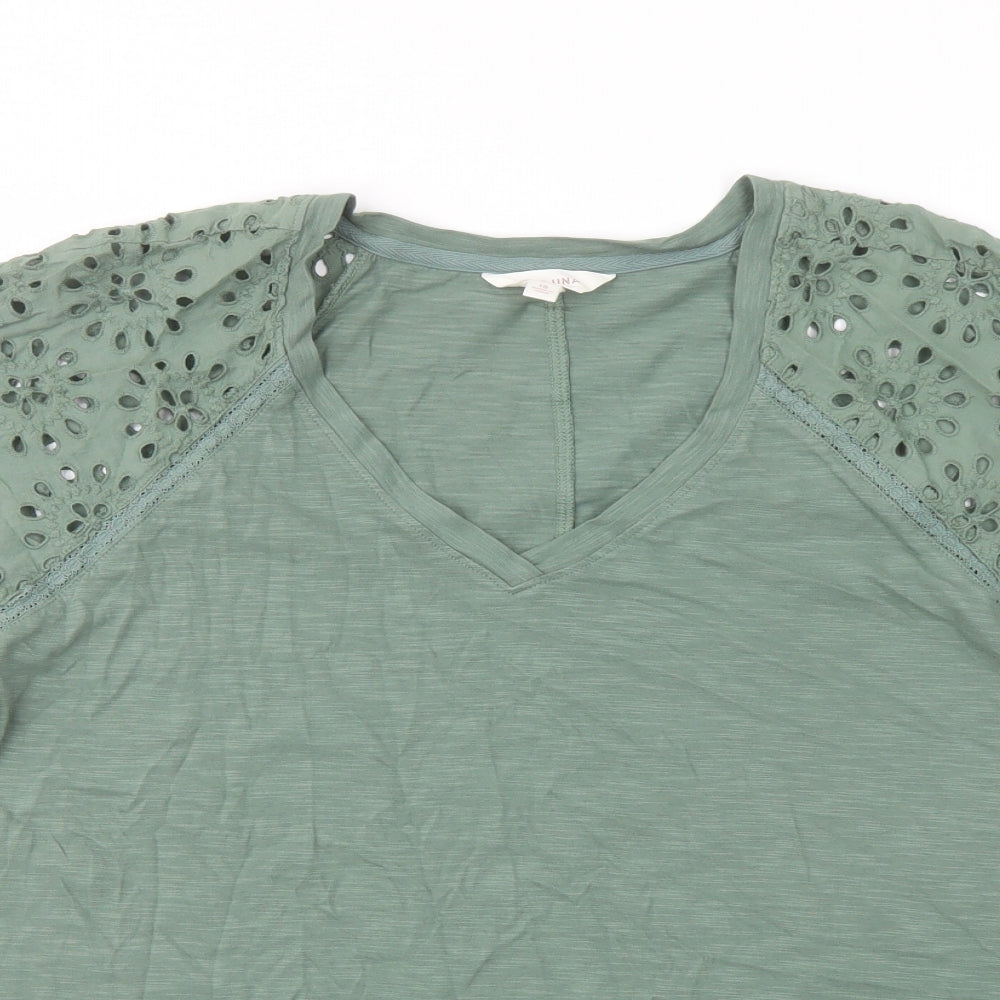 Per Una Womens Green Cotton Basic T-Shirt Size 18 V-Neck - Broderie Anglaise