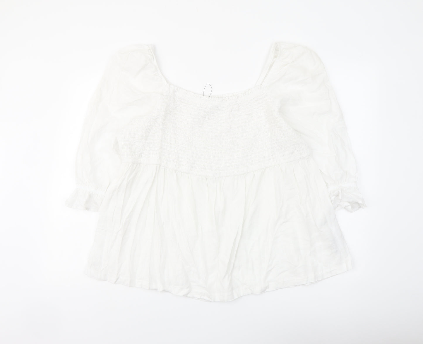 Marks and Spencer Womens White Linen Basic Blouse Size 24 Square Neck - Shirred