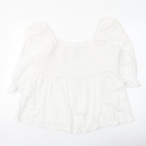 Marks and Spencer Womens White Linen Basic Blouse Size 24 Square Neck - Shirred