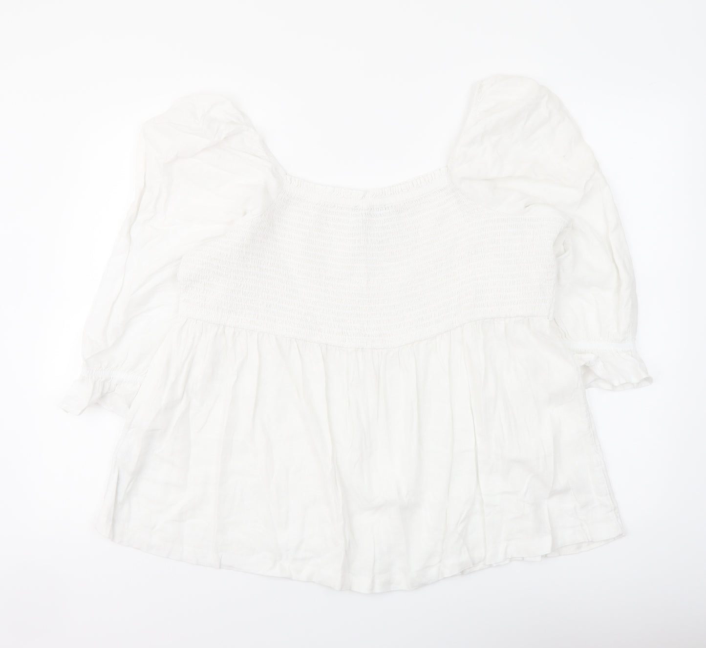 Marks and Spencer Womens White Linen Basic Blouse Size 24 Square Neck - Shirred