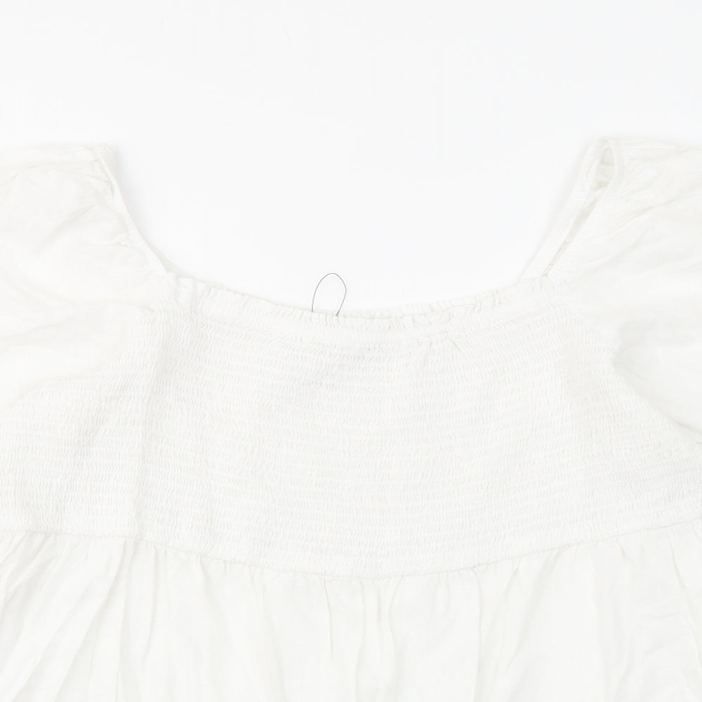 Marks and Spencer Womens White Linen Basic Blouse Size 24 Square Neck - Shirred