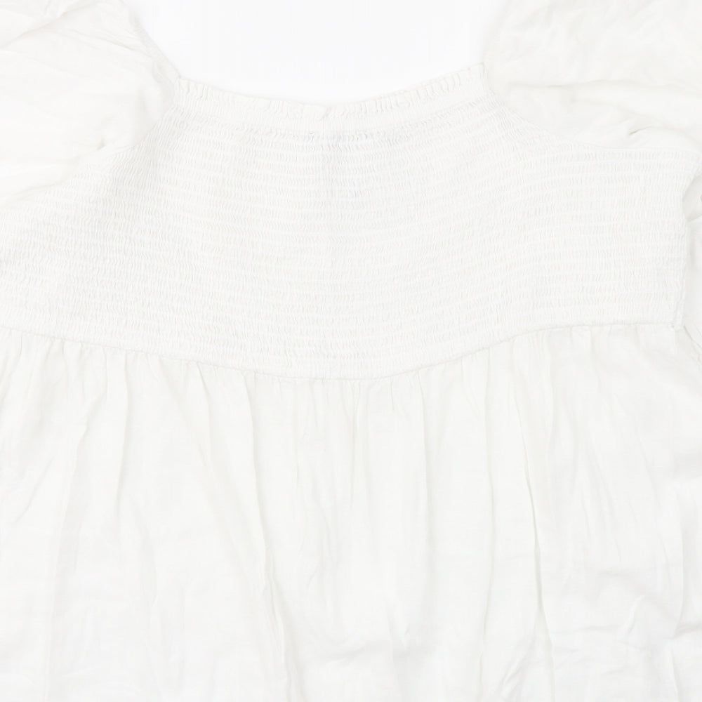 Marks and Spencer Womens White Linen Basic Blouse Size 24 Square Neck - Shirred