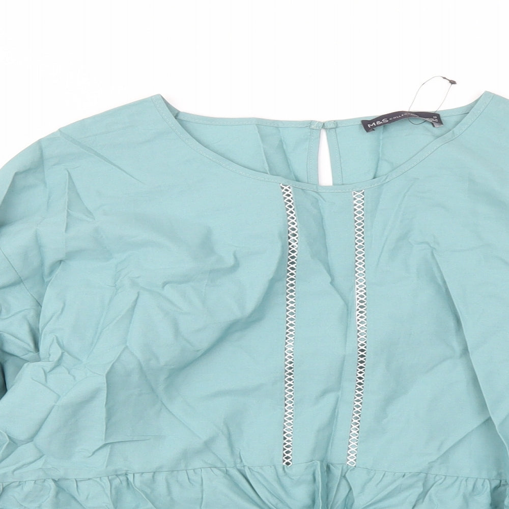 Marks and Spencer Womens Green Cotton Basic Blouse Size 10 Round Neck