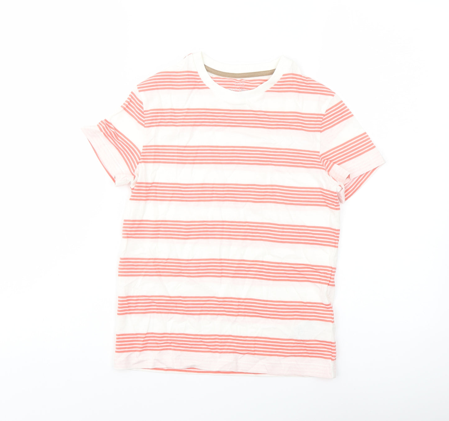 Marks and Spencer Boys Orange Striped Cotton Basic T-Shirt Size 7-8 Years Crew Neck Pullover