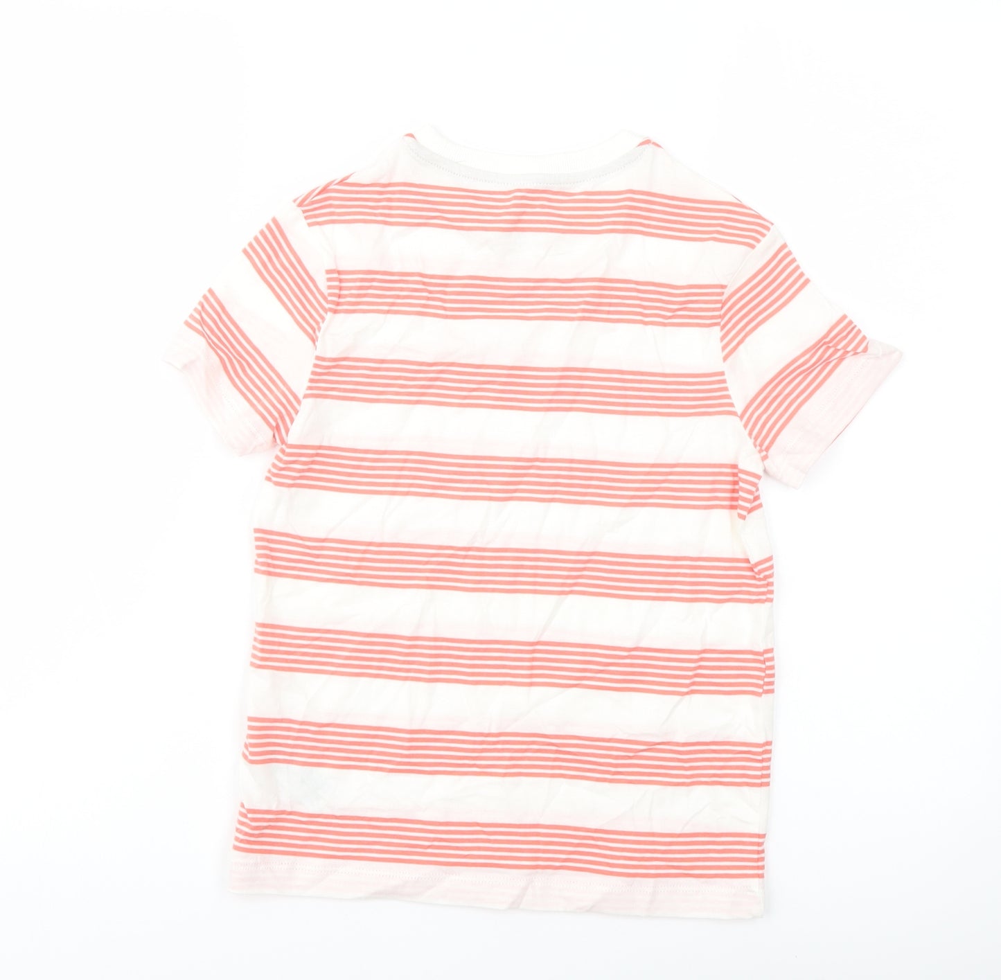 Marks and Spencer Boys Orange Striped Cotton Basic T-Shirt Size 7-8 Years Crew Neck Pullover