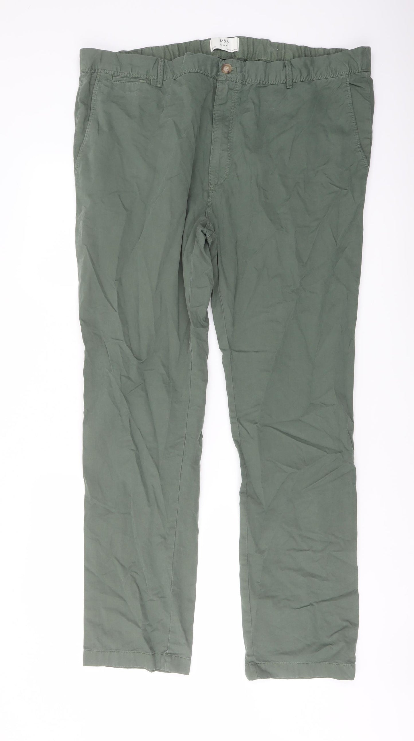 Marks and Spencer Mens Green Cotton Trousers Size 42 in L33 in Slim Button