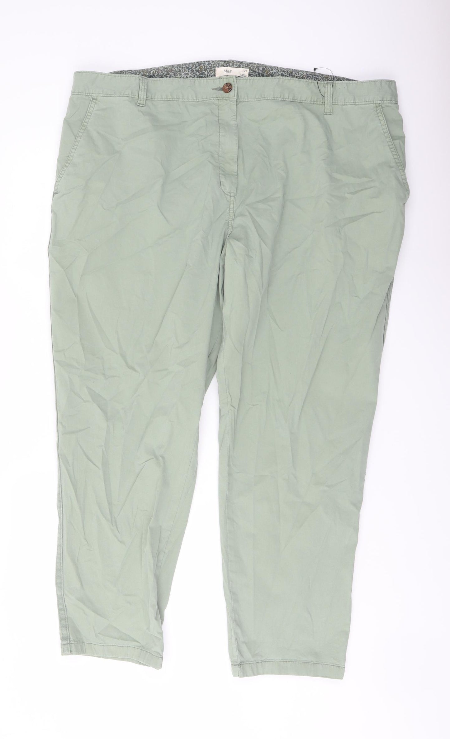Marks and Spencer Womens Green Cotton Chino Trousers Size 22 L28 in Regular Button