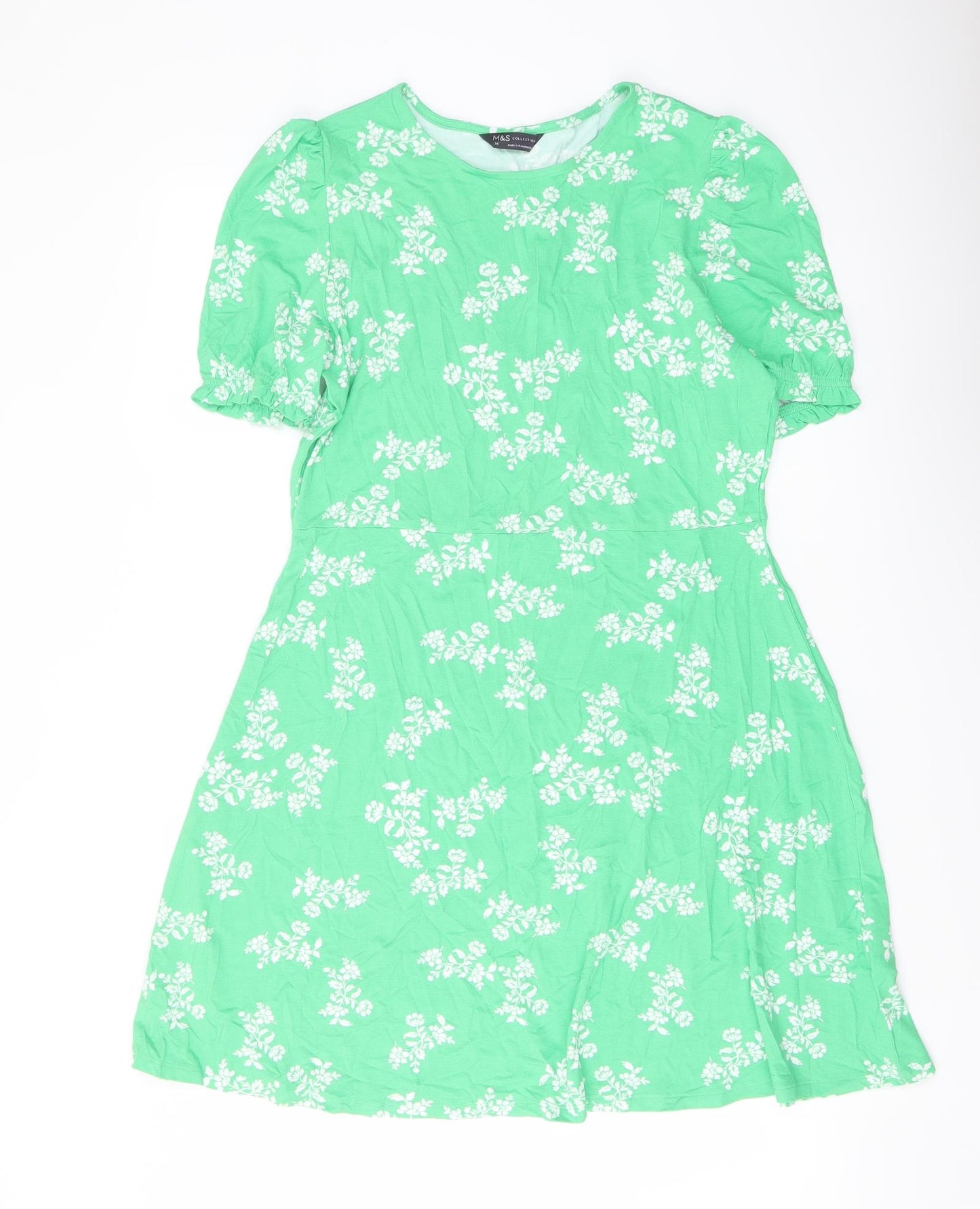 Marks and Spencer Womens Green Floral Viscose A-Line Size 14 Round Neck Pullover