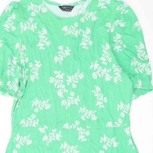 Marks and Spencer Womens Green Floral Viscose A-Line Size 14 Round Neck Pullover