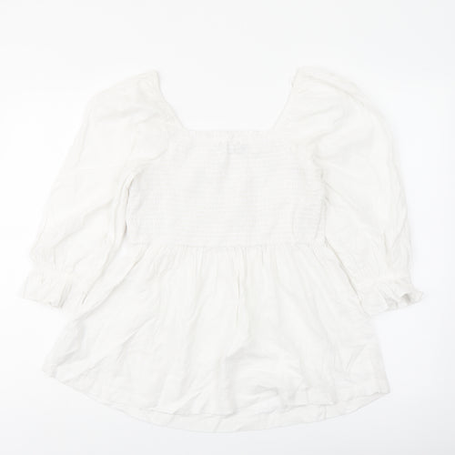 Marks and Spencer Womens White Linen Basic Blouse Size 12 Square Neck